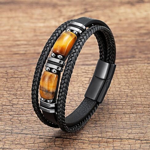 Men Leather Cuff Bracelet Natural Tiger-eye Gemtone Beads Bracelets Braided Wristband in Kuwait