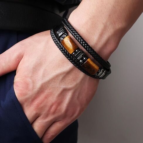 Men Leather Cuff Bracelet Natural Tiger-eye Gemtone Beads Bracelets Braided Wristband in Kuwait