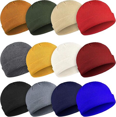 Geyoga 12 Pieces Trawler Beanie Hats Knit Cuff Beanie Roll-Up Edge Skull Cap Fisherman Beanie for Men Women in Kuwait