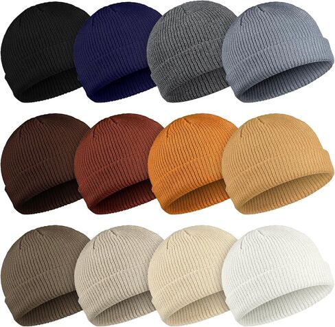 Geyoga 12 Pieces Trawler Beanie Hats Knit Cuff Beanie Roll-Up Edge Skull Cap Fisherman Beanie for Men Women in Kuwait