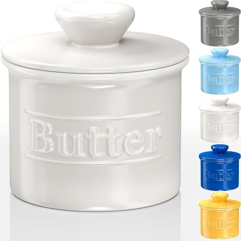 Premium Butter Crock with Lid - Original Design French Butter Dish - Beautiful Ceramic Butter Keeper for Counter with Water Line - Perfect to Keep Butter Soft and Spreadable - White in Kuwait