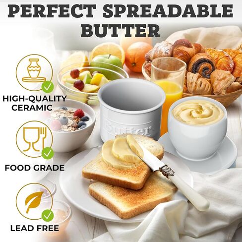 Premium Butter Crock with Lid - Original Design French Butter Dish - Beautiful Ceramic Butter Keeper for Counter with Water Line - Perfect to Keep Butter Soft and Spreadable - White in Kuwait