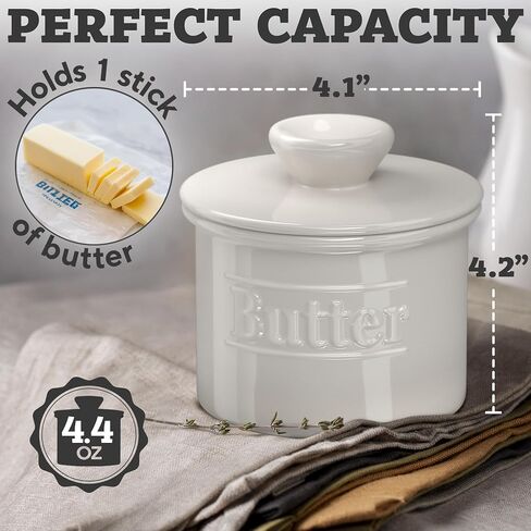 Premium Butter Crock with Lid - Original Design French Butter Dish - Beautiful Ceramic Butter Keeper for Counter with Water Line - Perfect to Keep Butter Soft and Spreadable - White in Kuwait