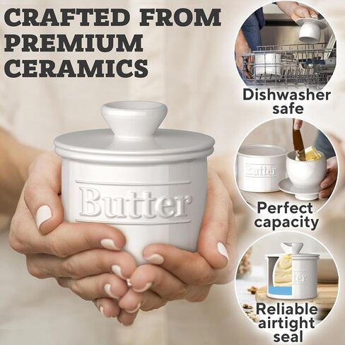 Premium Butter Crock with Lid - Original Design French Butter Dish - Beautiful Ceramic Butter Keeper for Counter with Water Line - Perfect to Keep Butter Soft and Spreadable - White in Kuwait