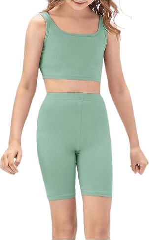 OYOANGLE Girl's 2 Piece Yoga Athletic Outfits Scoop Neck Crop Tee Tank Top and Biker Shorts Set in Saudi Arabia
