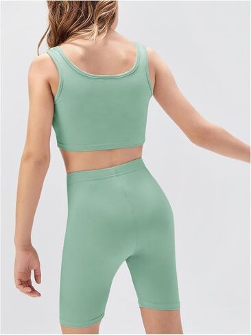 OYOANGLE Girl's 2 Piece Yoga Athletic Outfits Scoop Neck Crop Tee Tank Top and Biker Shorts Set in Saudi Arabia