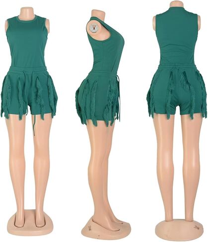 EDITCOZY Women Fringe Shorts 2 Piece Pants Sets Outfits Sexy Tank Crop Tops Tassel Romper Party Club Night in Kuwait
