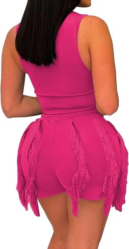 EDITCOZY Women Fringe Shorts 2 Piece Pants Sets Outfits Sexy Tank Crop Tops Tassel Romper Party Club Night in Kuwait