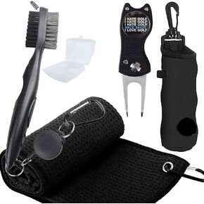Microfiber Waffle Pattern Tri-fold Golf Towel,Golf Club Brush,Golf Divot Tool With Funny Golf Ball Marker,Black Golf Towel Set,Golf Ball Holder,Suitable for Golf Lovers,Golf Accessories for Men Women
