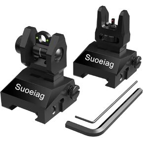 Flip Up Sights, Fiber Optic Sights with Upgrade Red Green Fiber Optic Dots, Tool-Free Adjustment Front and Rear Backup Iron Sights for Picatinny Rail