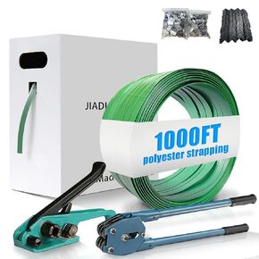 Banding Strapping kit Contain 5/8"x 1000’ Polyester (PET) Roll Heavy Duty Pallet Tensioner Tool Sealer Machine Packaging Plastic Edge Protectors Metal Seals
