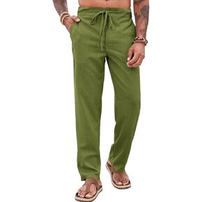 Runcati Mens Casual Pants Elastic Waist Drawstring Pants Lightweight Summer Beach Yoga Linen Trousers