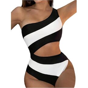 Verdusa Women's Color Block Cut Out One Piece Swimsuit Striped One Shoulder Bathing Suit