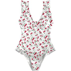 MakeMeChic Women's Cherry Print Bow Knot One Piece Swimsuit Sleeveless Rib Knitted Monokini