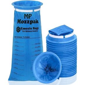 MP MOZZPAK Vomit Bags – 24 Pack – 1000ml Emesis Bags – Leak Resistant, Medical Grade, Portable, Disposable Barf, Puke, Throw Up, Nausea Bags for Travel Motion Sickness (Blue, Pack of 24)