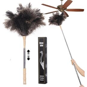Extendable Ostrich Feather Duster, 50 inches Natural Fluffy Long Handle Feathers Dusters, Soft, Durable, Reusable for Home Office Cleaning High Ceilings, Wall, Fans, Furniture, Blinds,Roof Dusting
