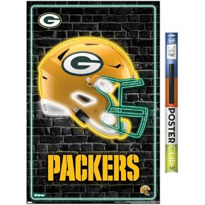 Trends International NFL Green Bay Packers - Neon Helment 23 Wall Poster ، 34L × 22.4W ، Poster & Clip Bundle