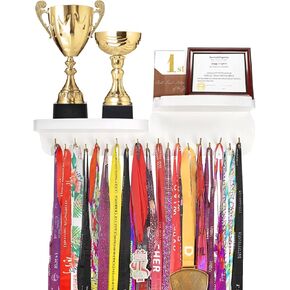 Fasmov Medal Hanger Display and Trophy Shelf with 19 Hooks, Trophy Shelf and Medal Holder, Wooden Medal Holder for Wall Mount Ribbon Display, Medal Holder Display for Awards or Ribbons, White