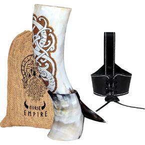 Viking Ox Horn-16oz ، 100 ٪ أصيلة ، تنين رونك محفور يدويًا مع قرن على الطراز البارد على طراز القرون الوسطى للمشروبات الباردة ، وهدية من الدرجة الغذائية للرجال والنساء ، مثالية لكأس Mead & Beer ...