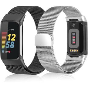ELUTENG Straps Compatible with Fitbit Charge 6/Fitbit Charge 5 Strap for Women Men, 2 Pack Stainless Steel Mesh Loop Adjustable Metal Band Replacement Wristband with Magnetic Clasp, Black & Silver