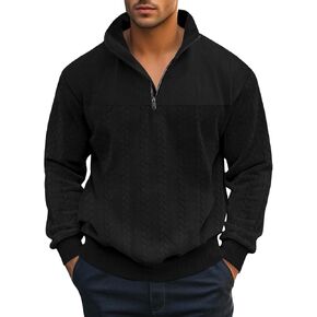 Mens Quarter Zip Pullover Quilted Sweatshirt Knit Long Sleeve Mock Neck Sweater Polo Shirt