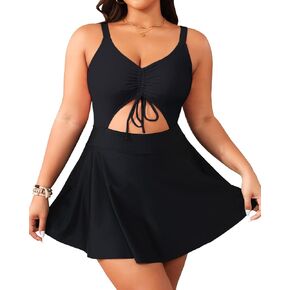 Yonique Women Plus Size One Piece Swimsuits with Skirt V Neck Floral Printed Swimdress Cutout Bathing Suits