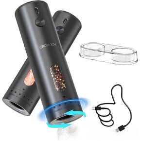 CIRCLE JOY Rechargeable Electric Salt and Pepper Grinder Set with Base, Automatic Pepper Mills with 110ml Container, External Adjustable Coarseness, White Led Light and One-Handed Operation, Black