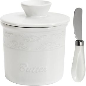 Porcelain Butter Crock, Butter Keeper Dish, French Ceramic Crock with Lid, Countertop French Ceramic Butter Dish Keeper for Spreadable Butter, White