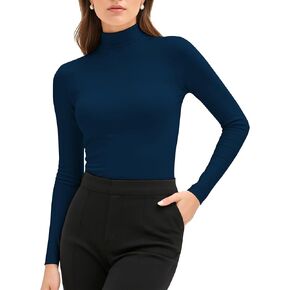 Women's Mock Neck Tops Ribbed, Long Sleeve Shirt Slim Fitted, Mock Turtleneck Base Layer