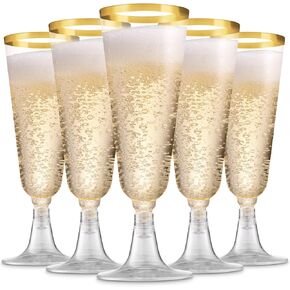 Munfix 100 Pack Gold Plastic Champagne Flutes, 5 Oz Clear Plastic Toasting Glasses Fancy Disposable Wedding Party Cocktail Cups with Gold Rim