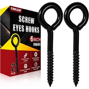 2 Pieces 6 Inch Heavy Duty Screw Eye Hooks, 700 LBS Capaciy, Black Stainless Steel Eyelet Screw Eye Bolts, Hammock Hooks for Wood Securing Cables Wire, Indoor & Outdoor Use