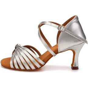 Women's Latin Dance Shoes Silver PU Open Toe 3 inch Heel Ballroom Salsa Dance Practice Shoes Dancing Heels,7.5 B(M) US