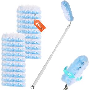 360 Duster Refills, 20 Count Heavy Duty Duster Refills Disposable Microfiber Duster Refills for Dusting Furniture, Blinds, Ceiling Fans, Walls, Feather Duster Kit with 1 Extended Handle 28.3in