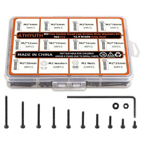 Metric Hex Socket Head Cap Screws Assortment Kit, M2 Metric Screws Assortment Set, 960PCS Metric Machine Screws Nuts Washers Kit, Grade12.9 Alloy Steel Metric Bolts and Nuts Assortment