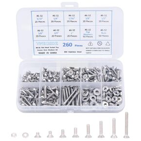 Machine Screws Assortment Kit #6-32 Flat Head Socket Cap Screws 304 Stainless Steel Nut Bolt Washer Assortment Kit, Full Thread - 260 Pieces