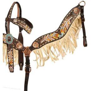 Showman Leather Headstall & Breast Collar Set w/Painted Feathers & Fringe