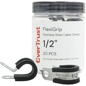 FlexiGrip 110 Pc Cable Clamps Kit.10 Sizes—1/4", 5/16", 3/8", 1/2", 5/8", 3/4", 1", 1-1/4", 1-1/2", 1-3/4" 304 Stainless Steel Ribbed Rubber Lined Cable Clamps