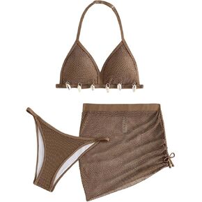 WDIRARA Girl's 3 Piece Swimsuits Crochet Halter Bikini Set Bathing Suits with Drawstring Cover Up Skirt