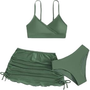 SHENHE Girl's 3 Piece Cute High Waisted Spaghetti Strap Swimsuit Bikini Sets with Beach Skirt
