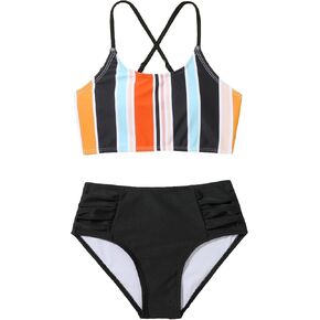 SOLY HUX Girl's Bikini Sets Striped Color Block Criss Cross Spaghetti Strap Bathing Suits Two Piece Swimsuit