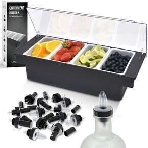 Esatto Bar Products Condiment Holder for Serving Container Chilled Garnish Tray with Lid for Bar Caddy, 4-1 Pint Inserts, With Added 12 Liquor Bottle Pourers, and 12 Pourer Covers - Black