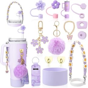 14 Pcs Cup Accessories Set for Stany,Including Water Bottle Handle Strap,Spill Stopper,Silicone Boot,Chapstick Holder,Charms for Stany,3 Pcs Silicone Straw Cover