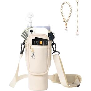 Water Bottle Carrier Bag with Phone Pocketfor Stanley 40/30 oz, Water Bottle Holder with Adjustable Shoulder Strap and Charm(Purple), large