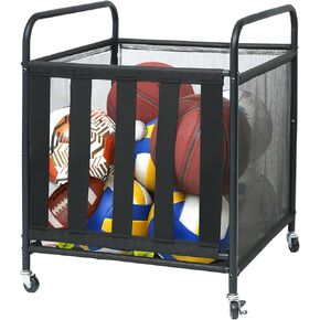 Ball Storage Rack, Sports Ball Storage Cart with Wheels and Handles, Metal Sport Equipment Organizer Rack with Elastic Straps for Garage, Gym or Playground, Black