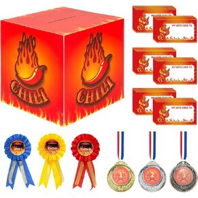 Chili Cook off Contest Ballot Box Set with 1 Ballot Box and 60 Pcs Voting Cards 3 Pcs Trophy Award Ribbons, 3 Pcs Trophies Medals for Chili Cook off Game Award Prizes Party Supplies Decorations