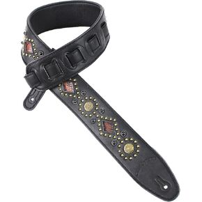 Walker And Williams GTR-20-BB Black On Black Sedona Special Guitar Strap With Padded Back, Snakeskin Inserts, Brass Studs & Rivets For Acoustic, Electric, And Bass Guitars