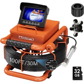 Sewer Camera 100FT/30M Borescopes Plumbing Snake Camera DVR & Audio Recorder 22mm Pipe Inspection Camera with 5600Mah Battery 4.3" IPS Screen 12 LEDs HD 1000TVL Camera 32GB Card
