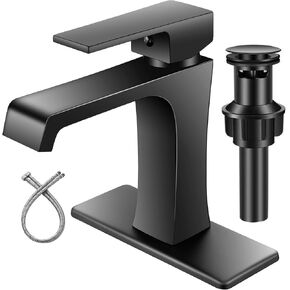 Bathroom Faucet Matte Black Single Hole Single Handle Vanity Sink Faucet Modern Waterfall Bathroom Faucet Commercial RV Faucet with Pop-Up Drain for 1 Hole - or 3-Hole 4-inch Bathroom Sink