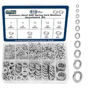SAE Spring Lock Washers Assortment Kit(910 Pack), #4#6#8#10#12 1/4" 5/16" 3/8" 1/2" SAE Split Lock Washer Set, 304 Stainless Steel Lock Washers for Screws Bolts