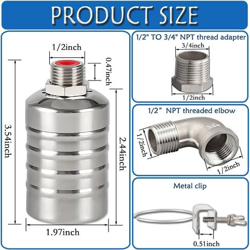 صمام تعويم، صمام تعويم مياه 1/2 بوصة إلى 3/4 بوصة، صمام تعويم أوتوماتيكي بالكامل للتحكم في مستوى المياه من الفولاذ المقاوم للصدأ 304 مع موصل خيط NPT، وحدة تحكم أوتوماتيكية في مستوى المياه لخزان المياه والماشية. in Kuwait